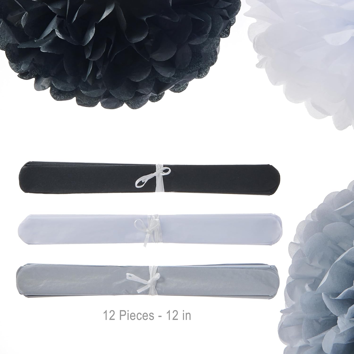 Tissue Pom Poms 12-Inch Pack of 12 Black White Silver