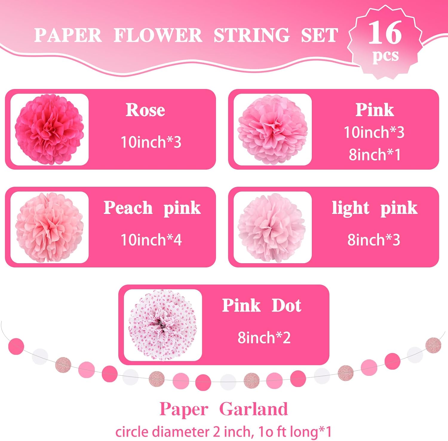 Pink Tissue Paper Pom Poms Garland 16PCS