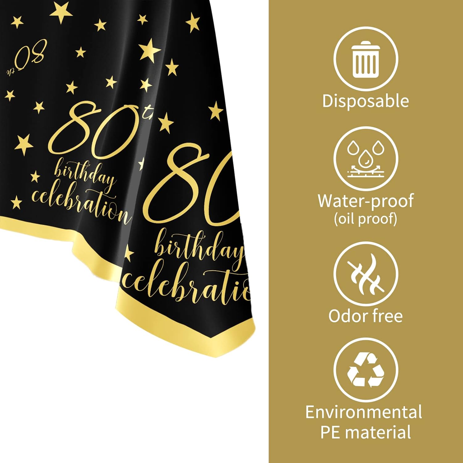 Gatherfun 80th Birthday Tablecloth 4 Pack Gold Black Waterproof
