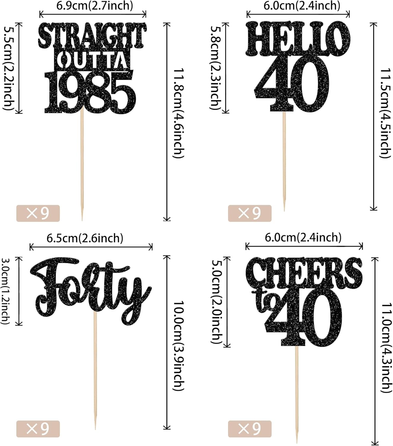36PCS Happy 40th Birthday Cupcake Toppers Black Glitter