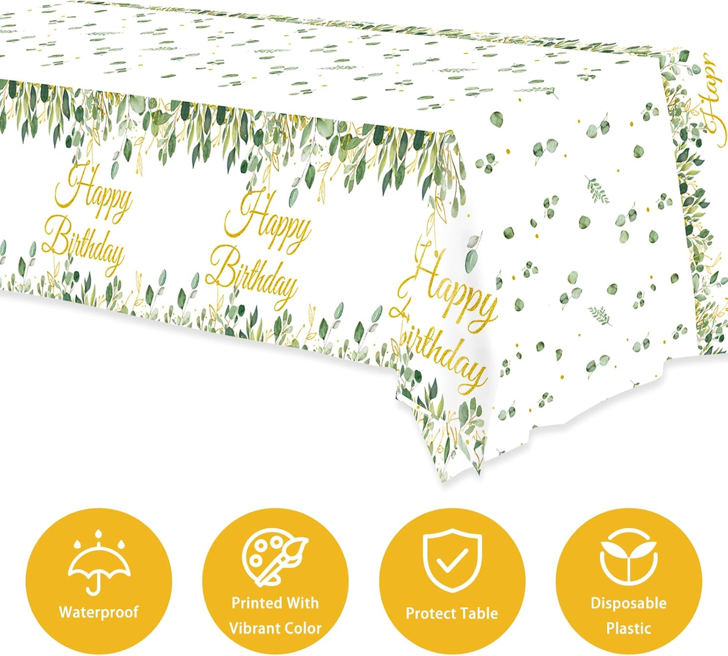 3 Pack Sage Green Glitter Tablecloths with Happy Birthday Text