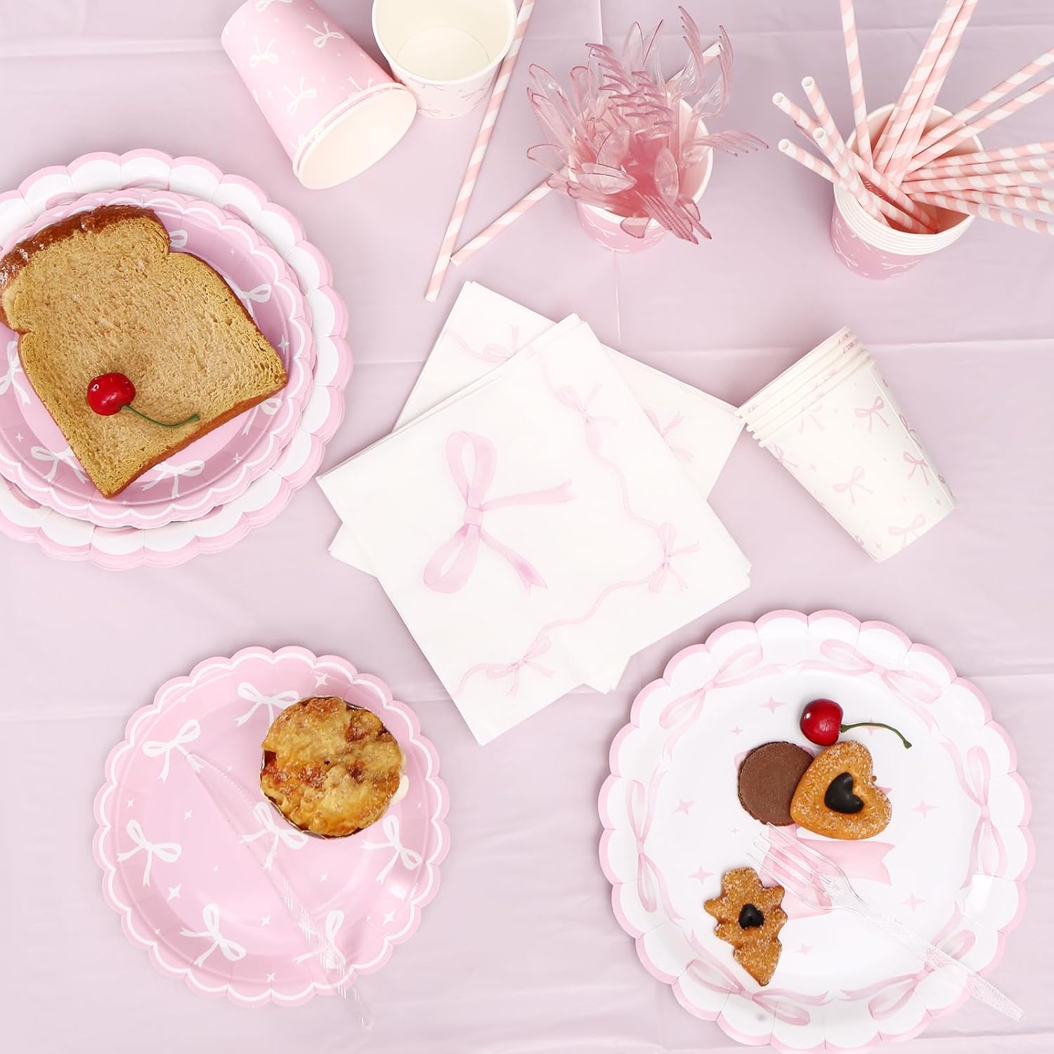 3pc Pink Bow Tablecloth Set for Bow Theme Parties