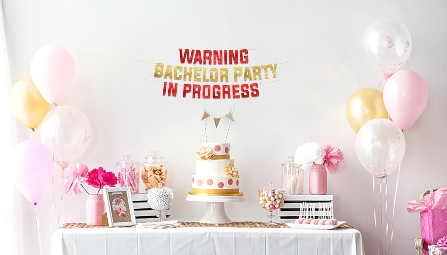 Warning Bachelor Party in Progress Red Gold Glitter Banner