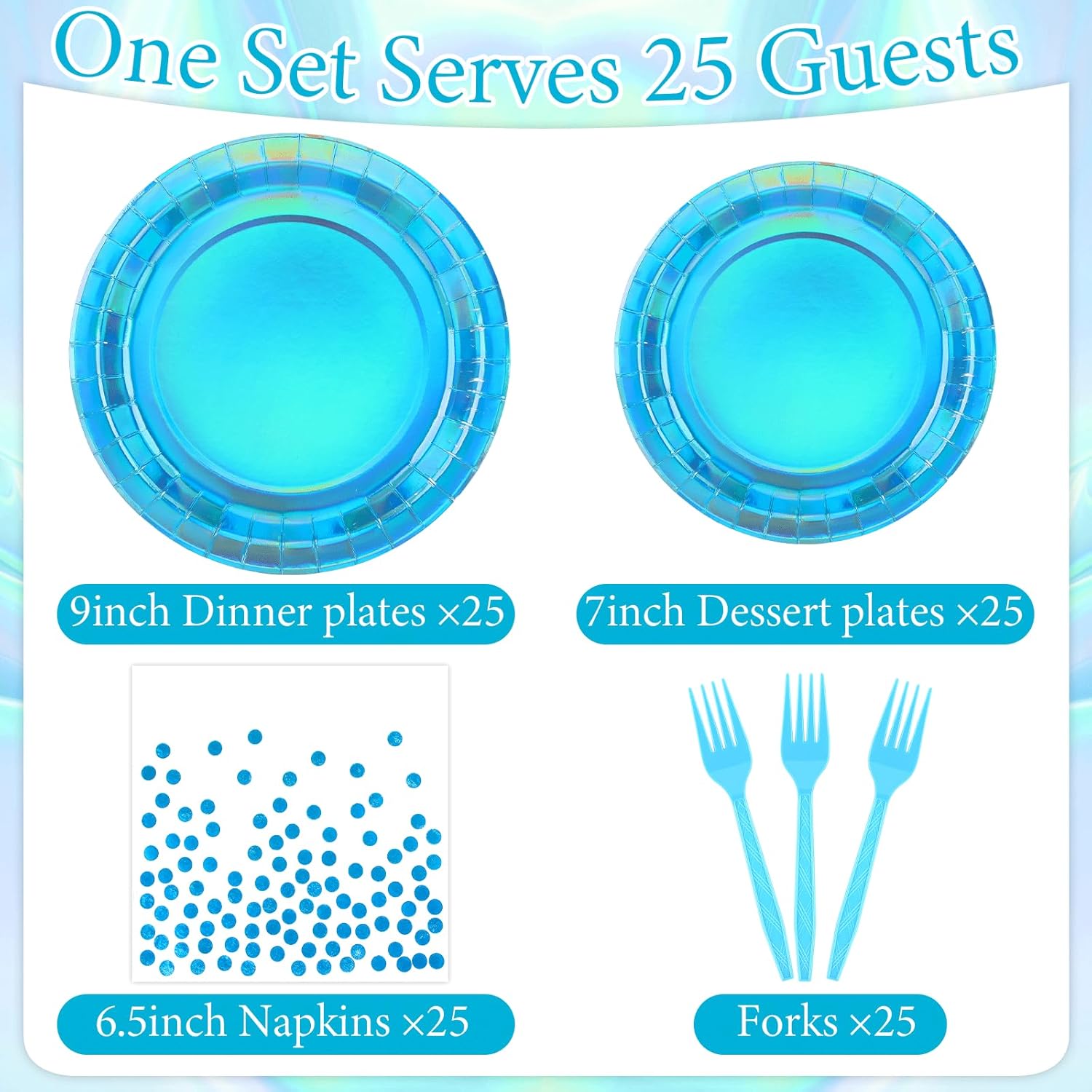 100 Pcs Iridescent Blue Plates and Napkins Party Set