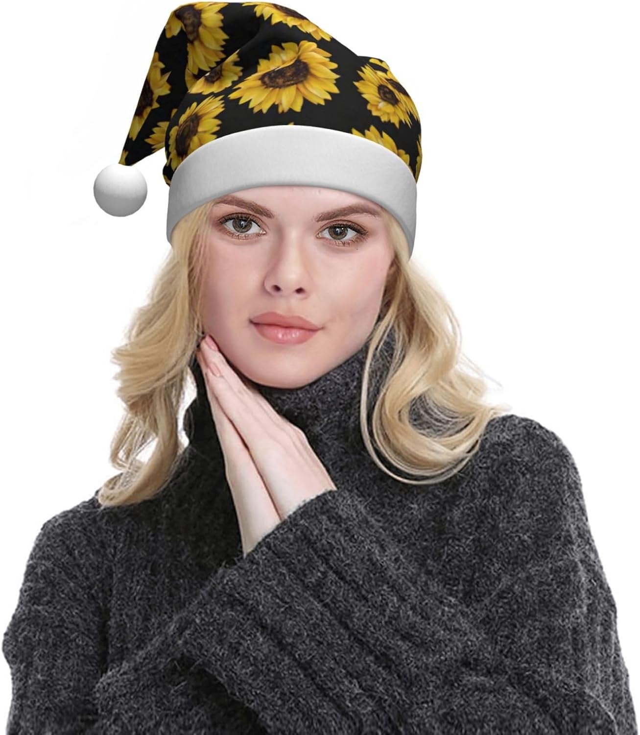 QINZHENG Golden Sunflowers Santa Hat for Women
