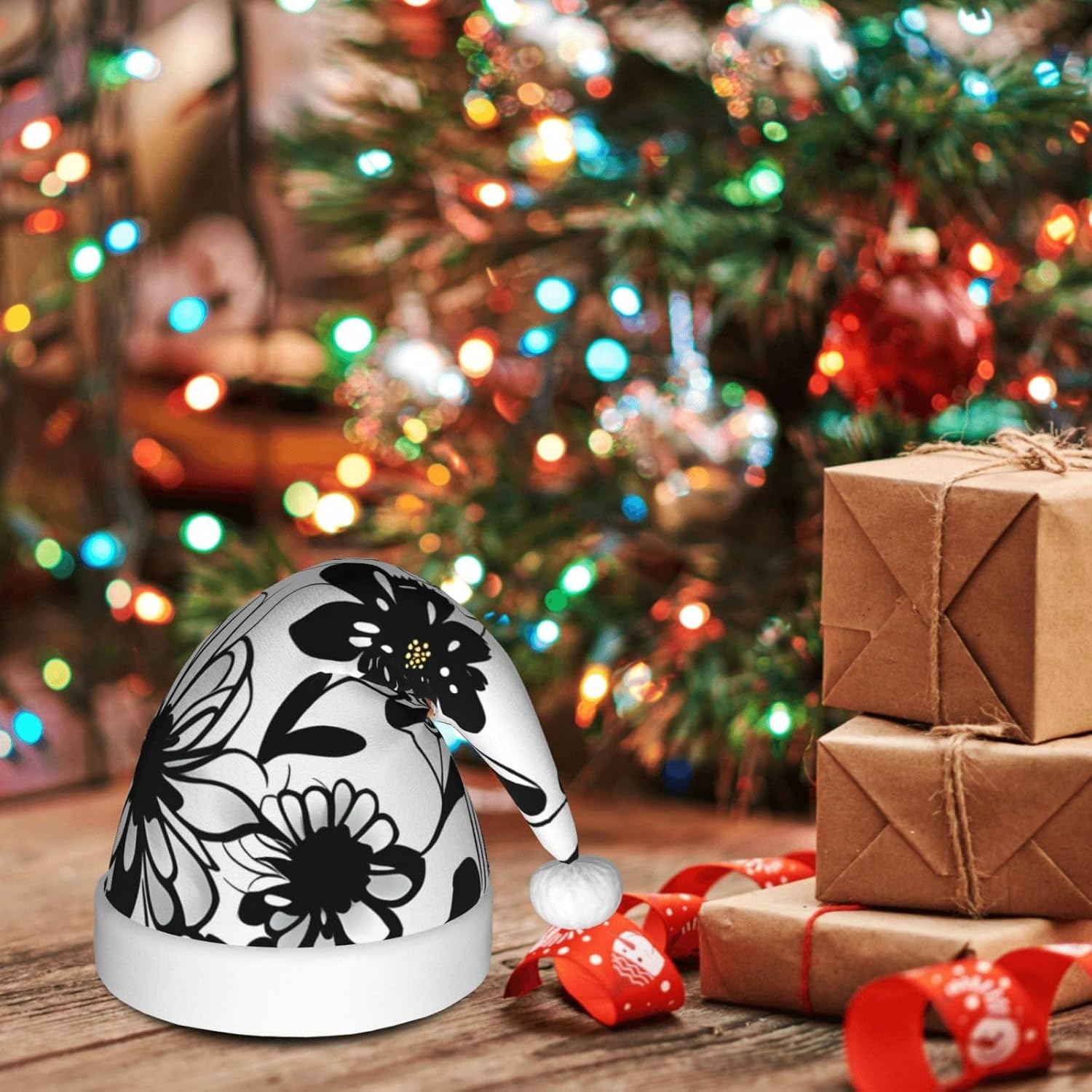 QINZHENG Black and White Flowers Santa Hat for Women
