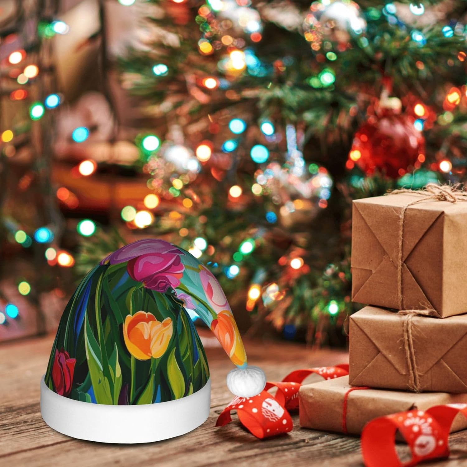 QINZHENG Tulip Garden Print Santa Hat for Women Adult