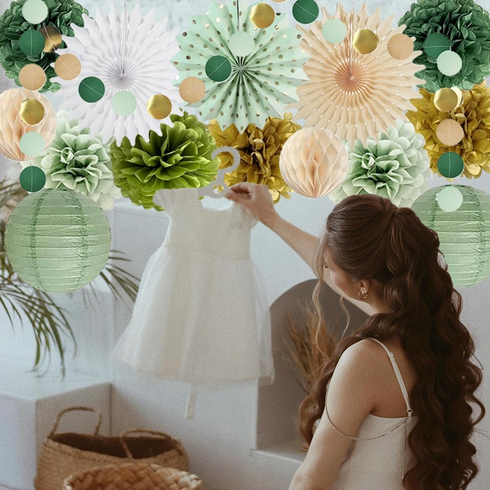 Sage Green Party Decorations Tissue Pom Poms Garland Fans Lanterns