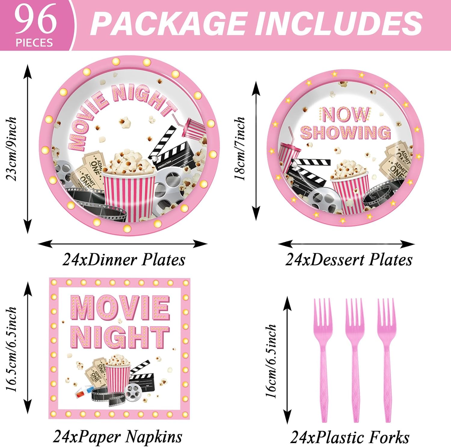96Pcs Pink Movie Night Party Supplies for 24 Guests