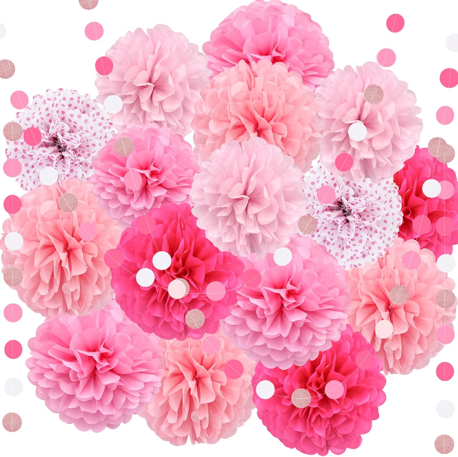 Pink Tissue Paper Pom Poms Garland 16PCS