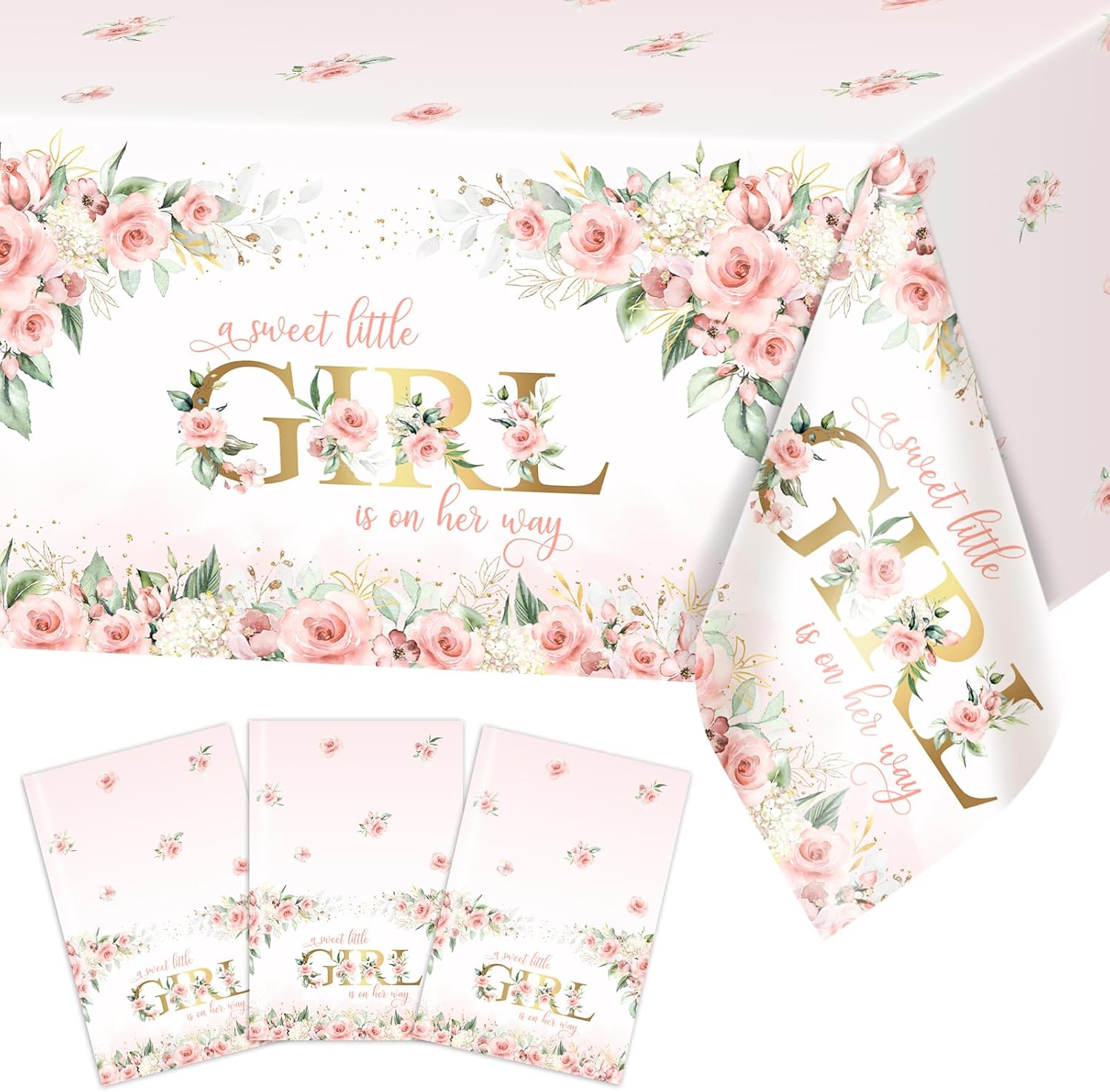 Avezano 3 Pcs Pink Floral Baby Shower Tablecloth 108x54 Inch