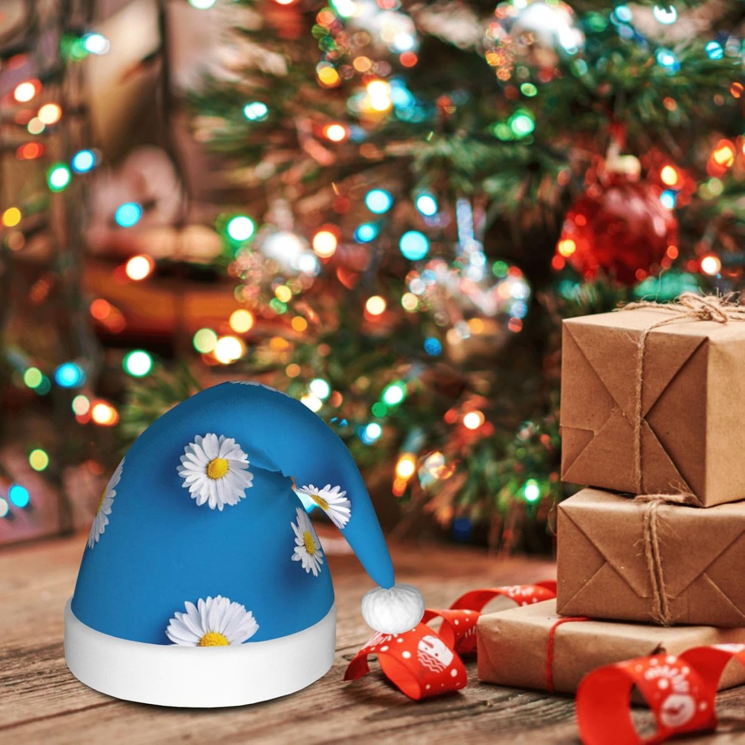 QINZHENG White Daisy Print Santa Hat for Women Adult