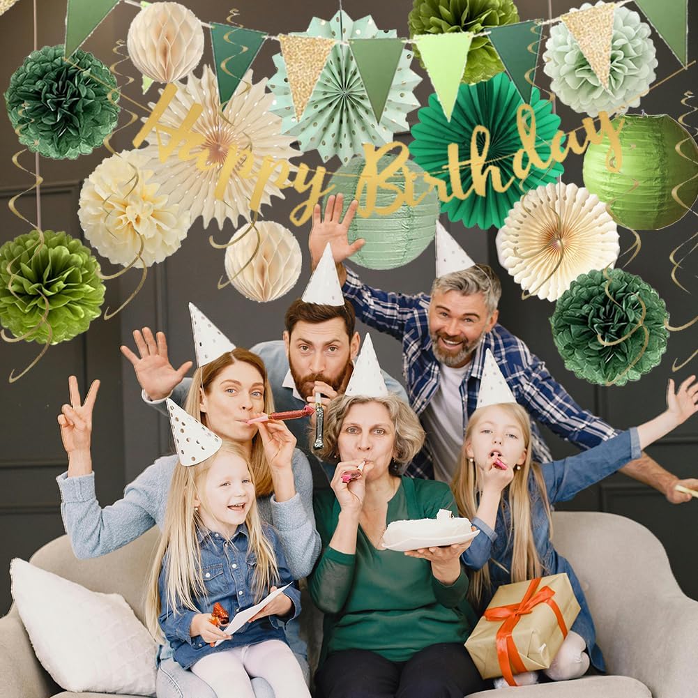 Sage Green Birthday Decorations Fans Pom Poms Lanterns Garland