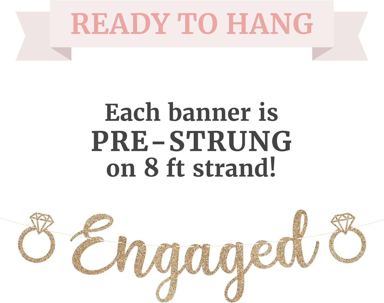 Pre-Strung Gold Glitter Engagement Banner - Happy Wedding Party Decor