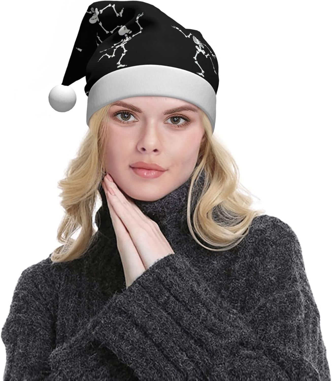 QINZHENG Skeleton Print Santa Hat for Women