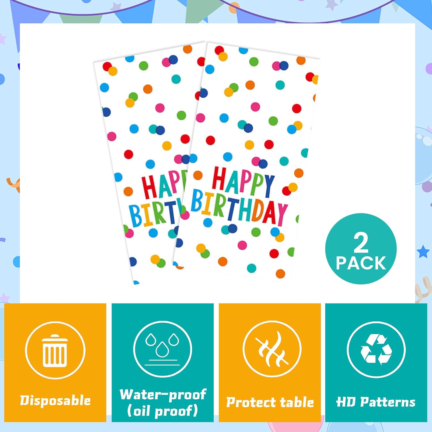 2 Packs Happy Birthday Tablecloth 54x108 Inch Decorations