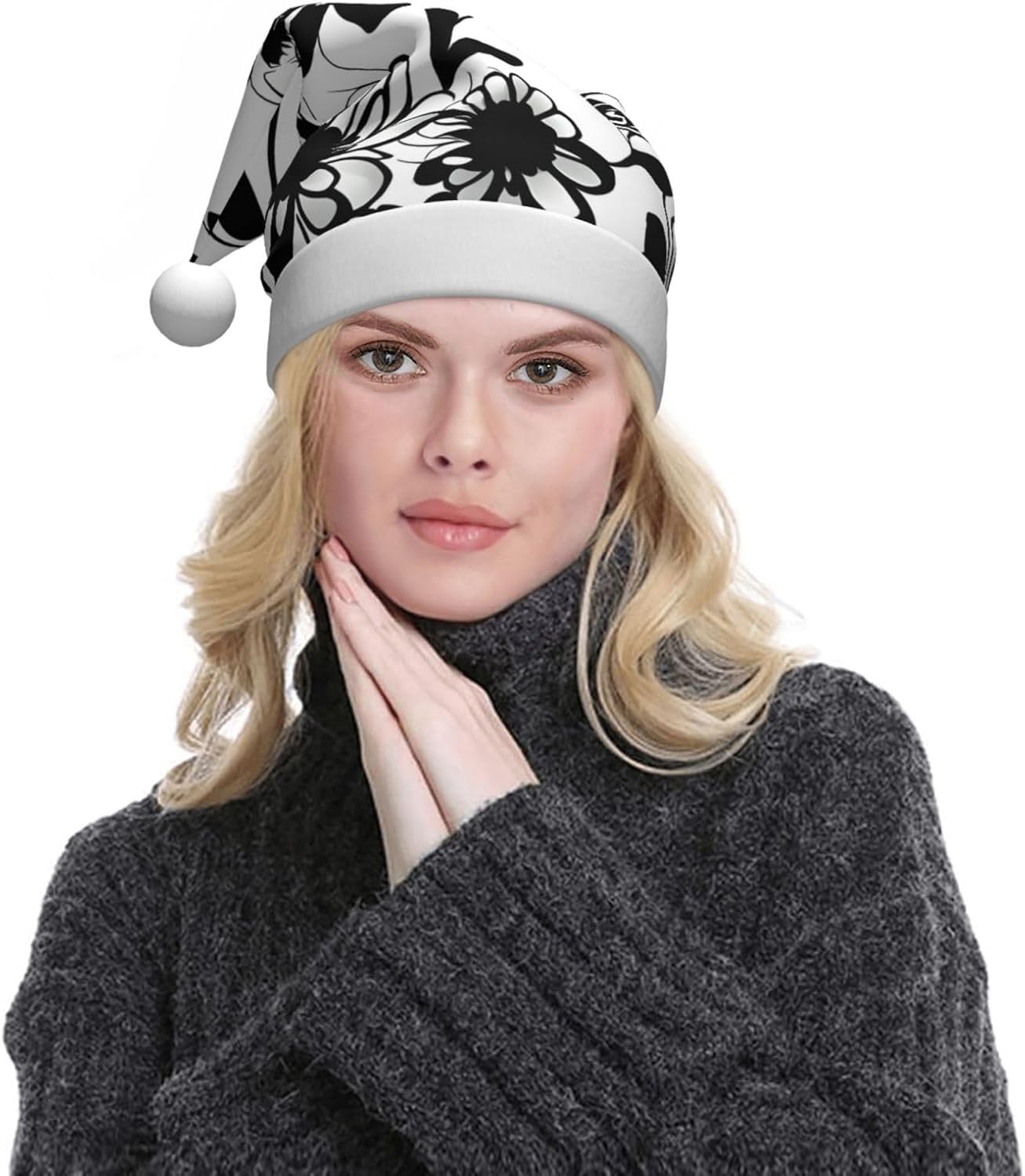 QINZHENG Black and White Flowers Santa Hat for Women