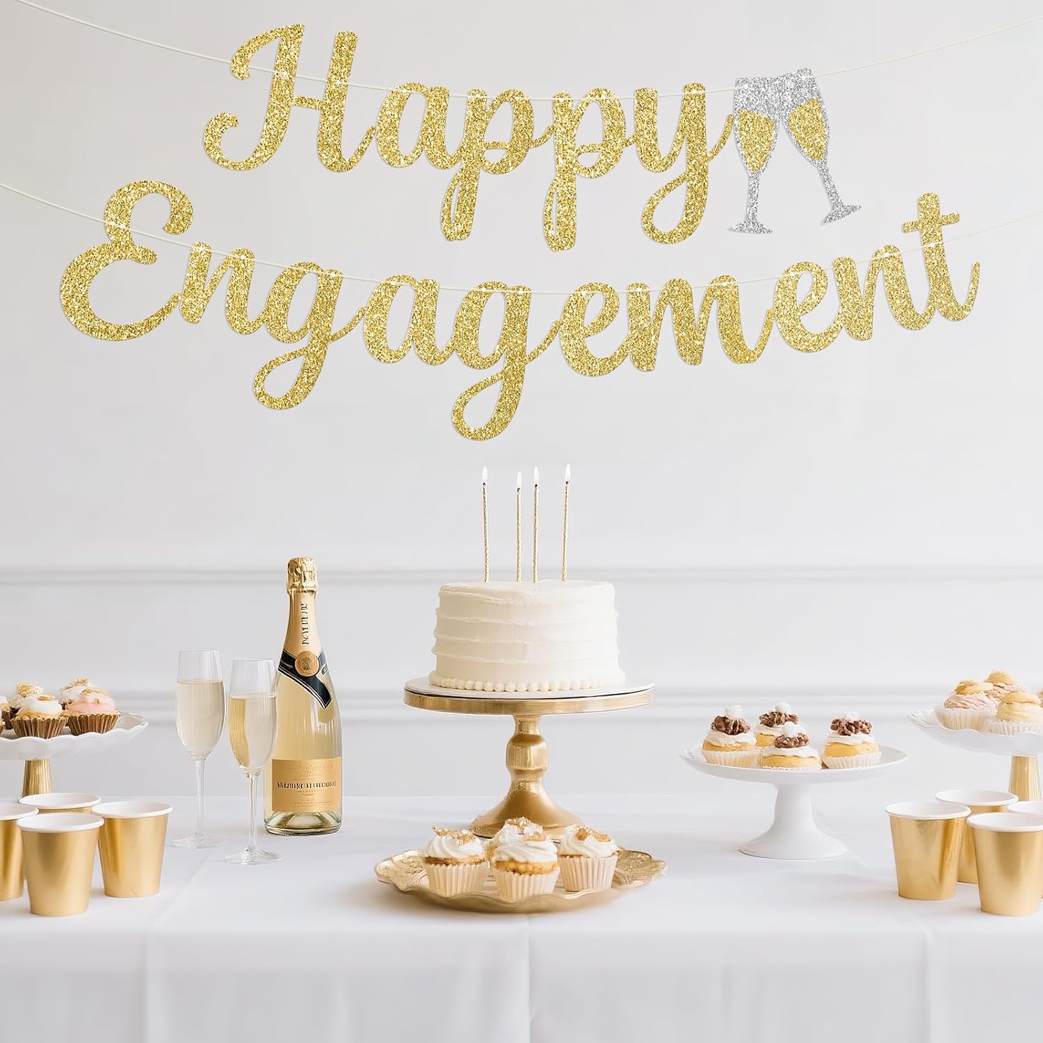 Pre-Strung Happy Engagement Banner Gold Glitter