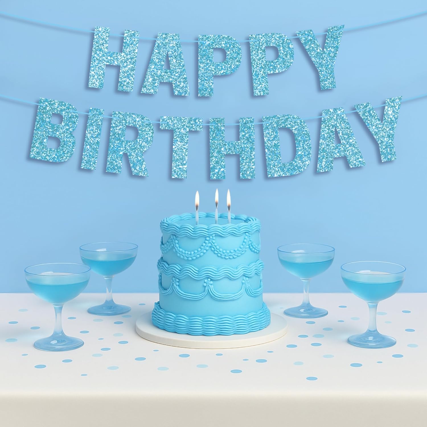 Light Blue Glitter Happy Birthday Banner - Pre-Strung