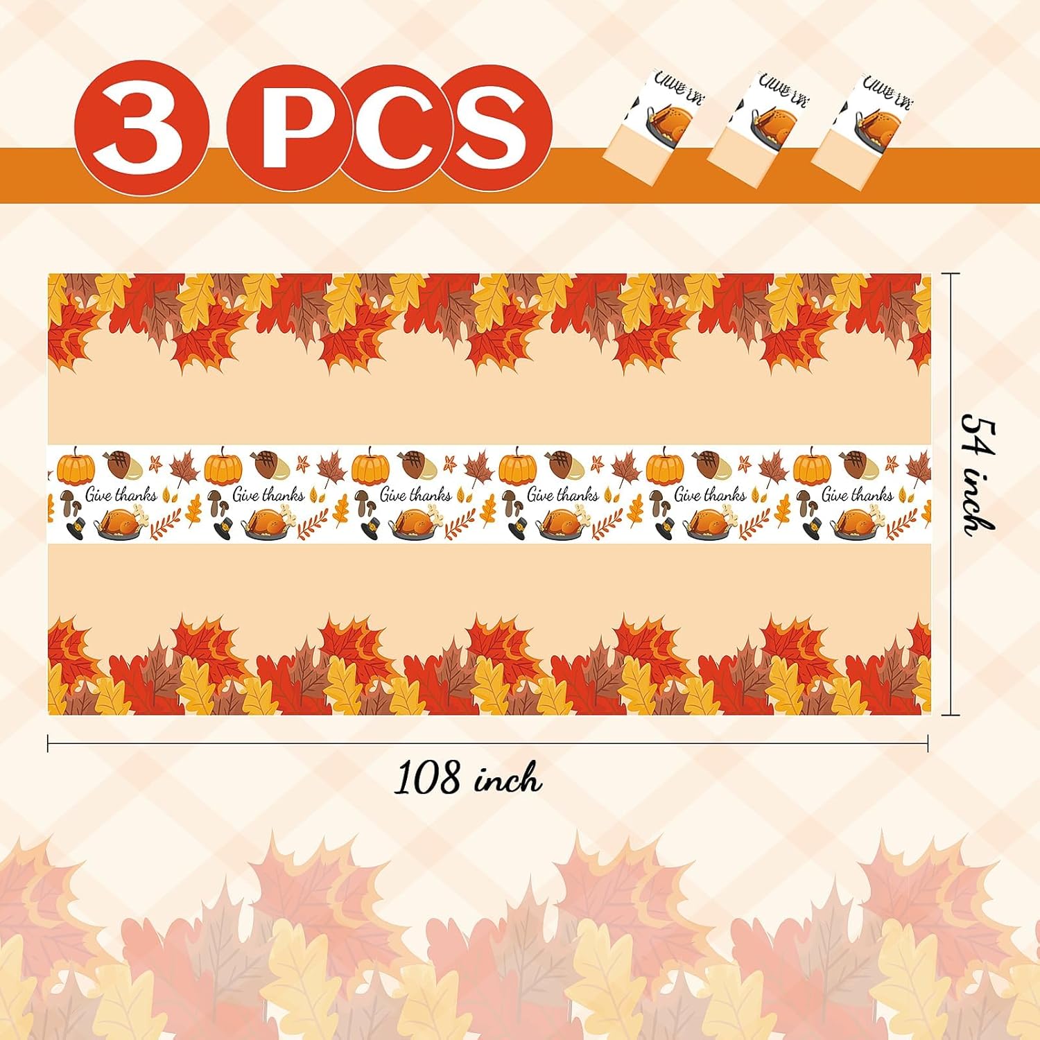 Childom 3 Pack Thanksgiving Tablecloths 54 x 108