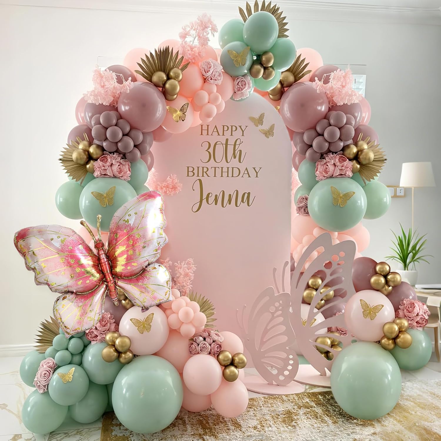 Pastel Pink Green Gold Butterfly Balloon Arch Kit for Parties