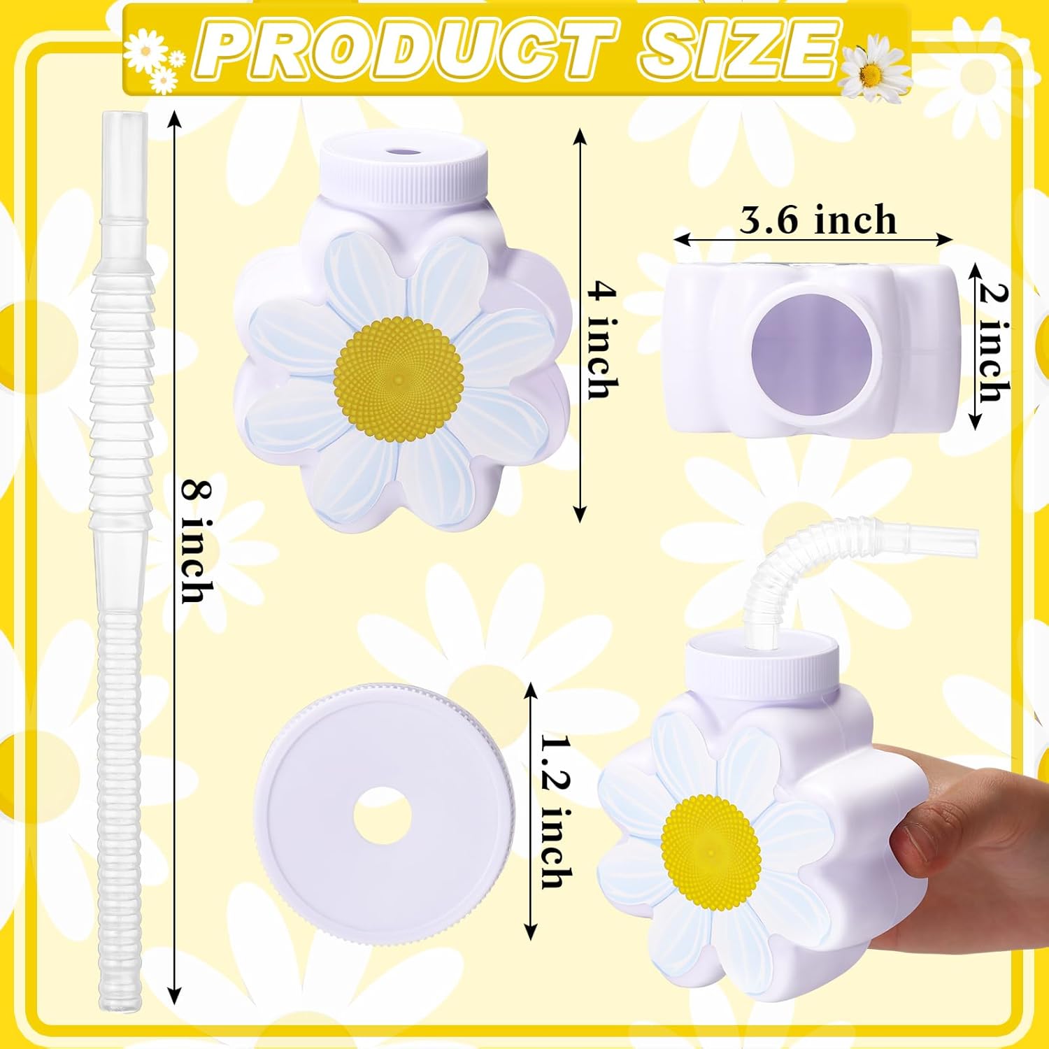 Domensi 10oz Daisy Flower Cups with Lids and Straws 12 Pcs