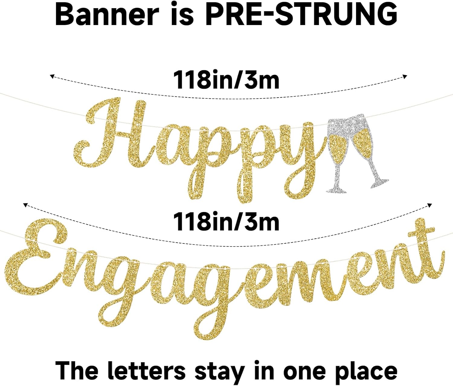 Pre-Strung Happy Engagement Banner Gold Glitter
