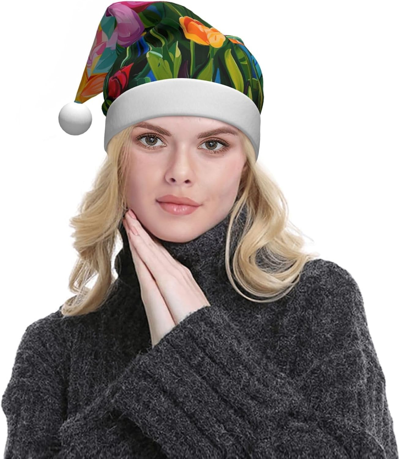 QINZHENG Tulip Garden Print Santa Hat for Women Adult