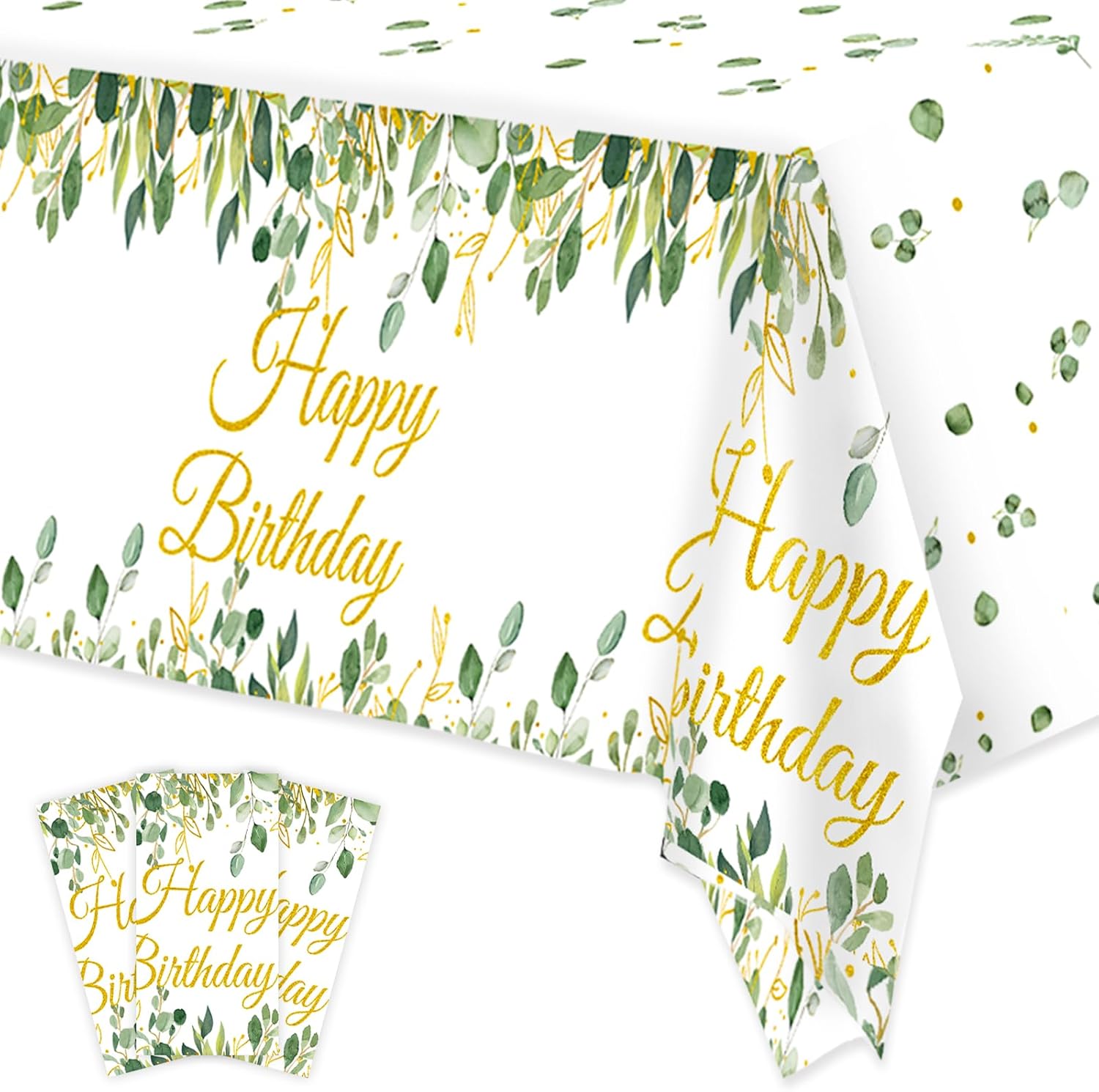 3 Pack Sage Green Glitter Tablecloths with Happy Birthday Text