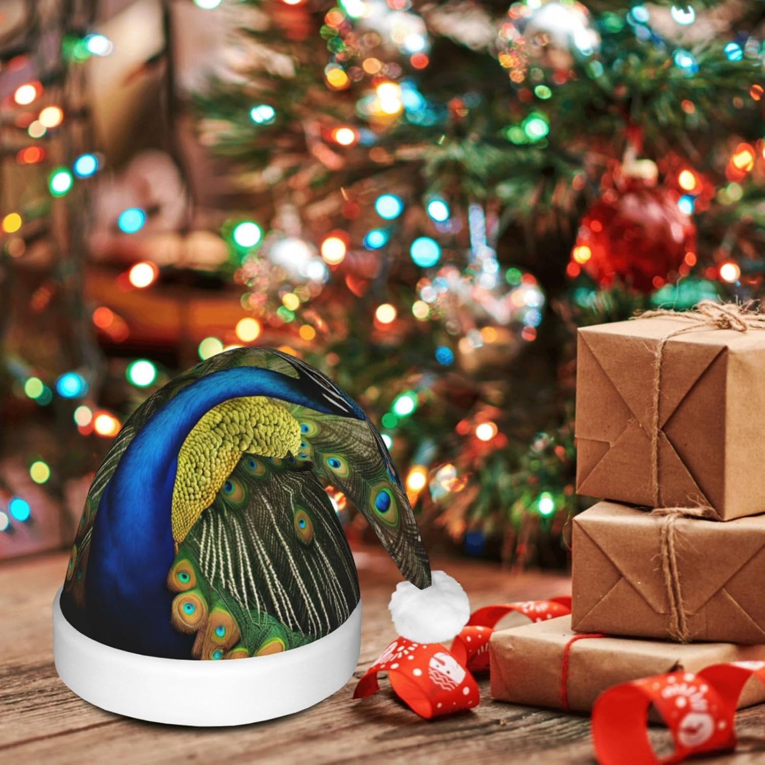 QINZHENG Peacock Feather Print Velvet Santa Hat with LED Lights