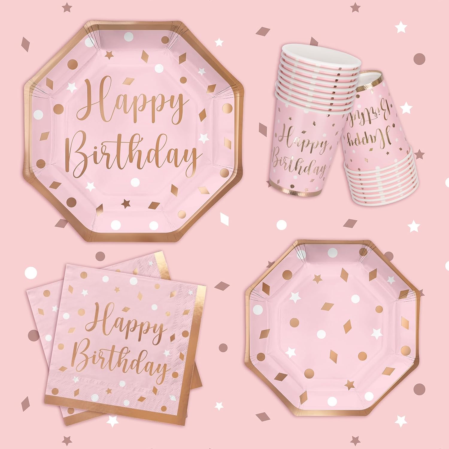 Rose Gold Birthday Party Supplies Set for 25 Guests