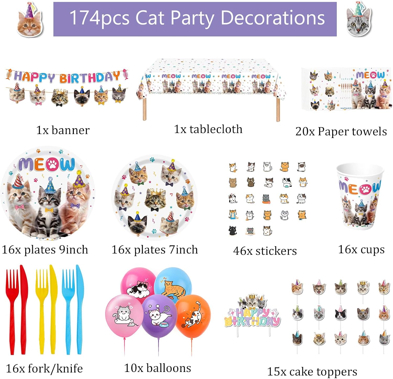 Lousuip 174pcs Cat Birthday Party Decorations Set
