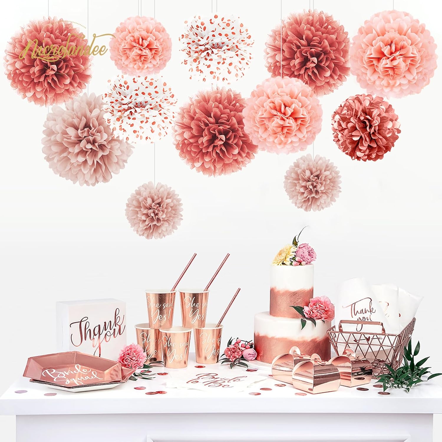 NICROLANDEE Rose Gold Tissue Paper Pom Poms 12PCS