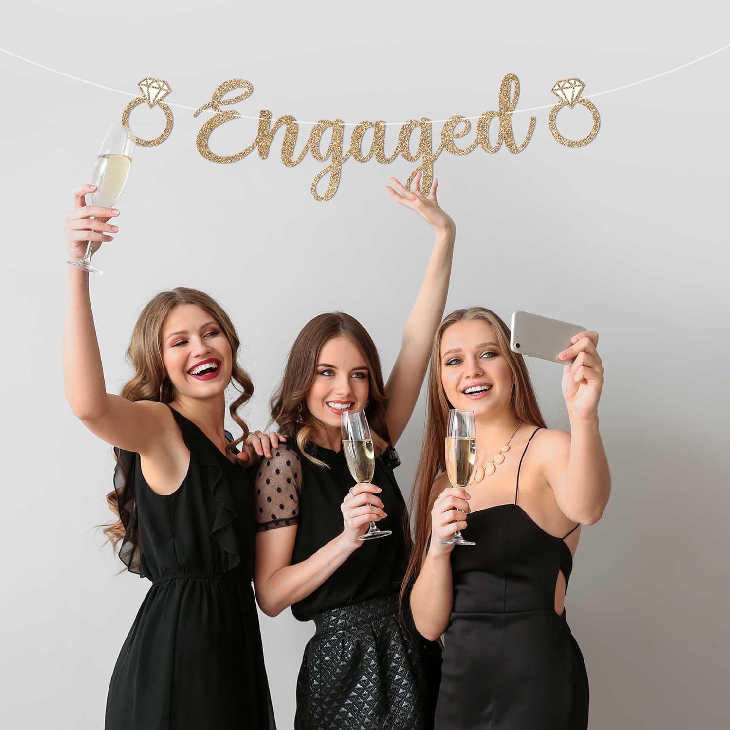 Pre-Strung Gold Glitter Engagement Banner - Happy Wedding Party Decor