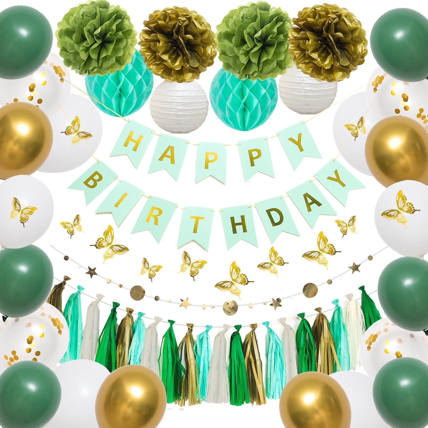 45PCS Sage Green Gold Birthday Decor Set