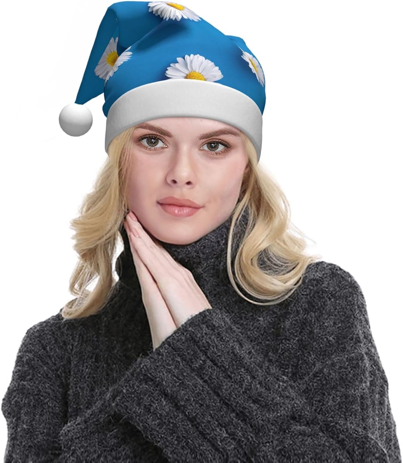 QINZHENG White Daisy Print Santa Hat for Women Adult