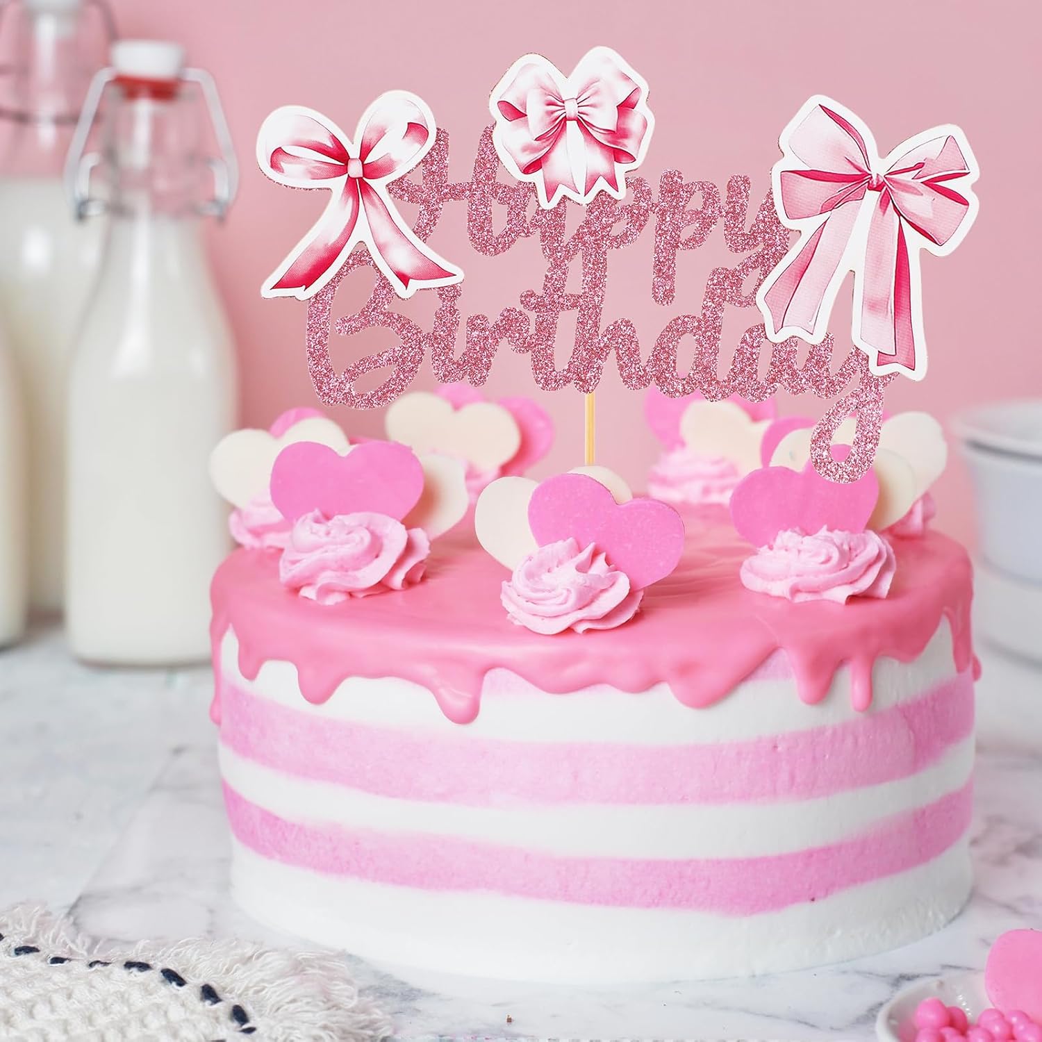 Pink Bow Coquette Cake Topper for Birthday Decorations