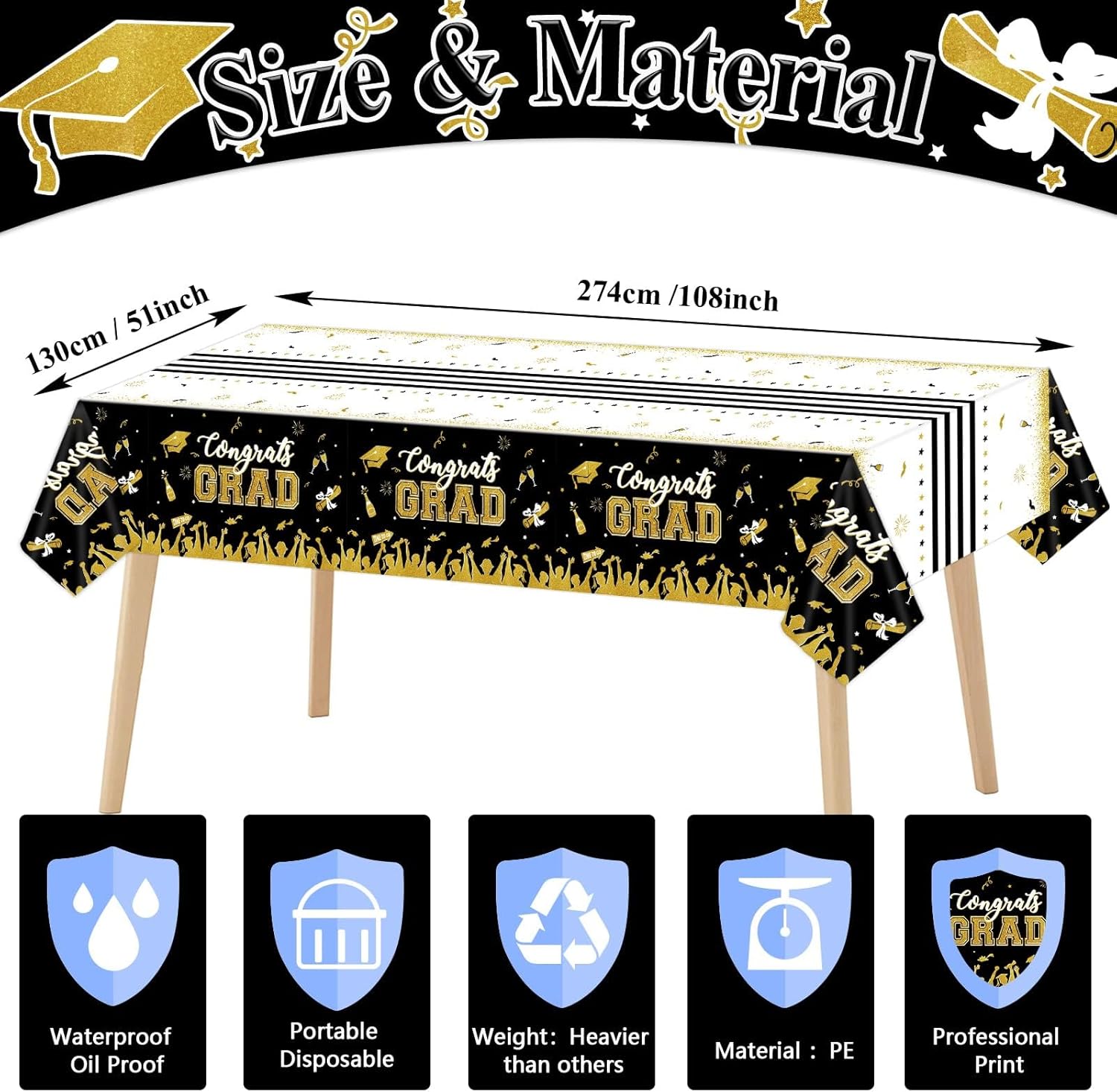 Chiazllta 3 Piece Black Gold Graduation Tablecloths