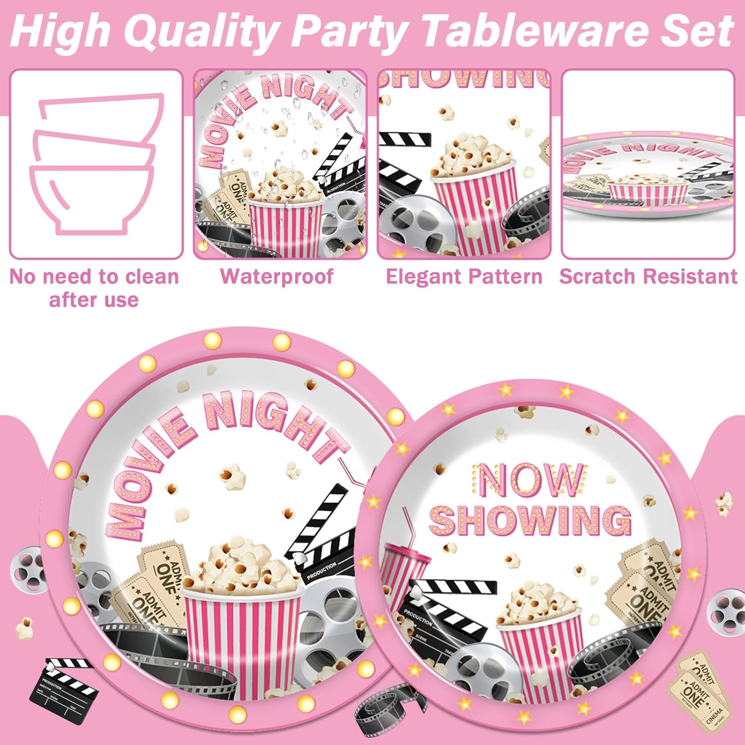 96Pcs Pink Movie Night Party Supplies for 24 Guests