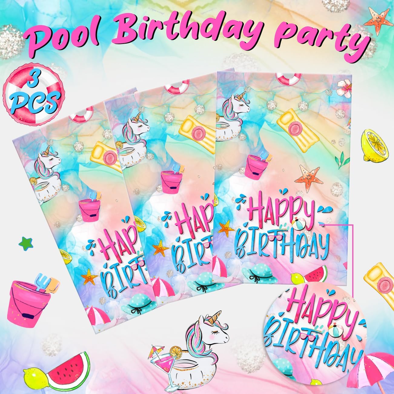 Summer Pool Birthday Tablecloths 3PCS Beach Themed Decorations