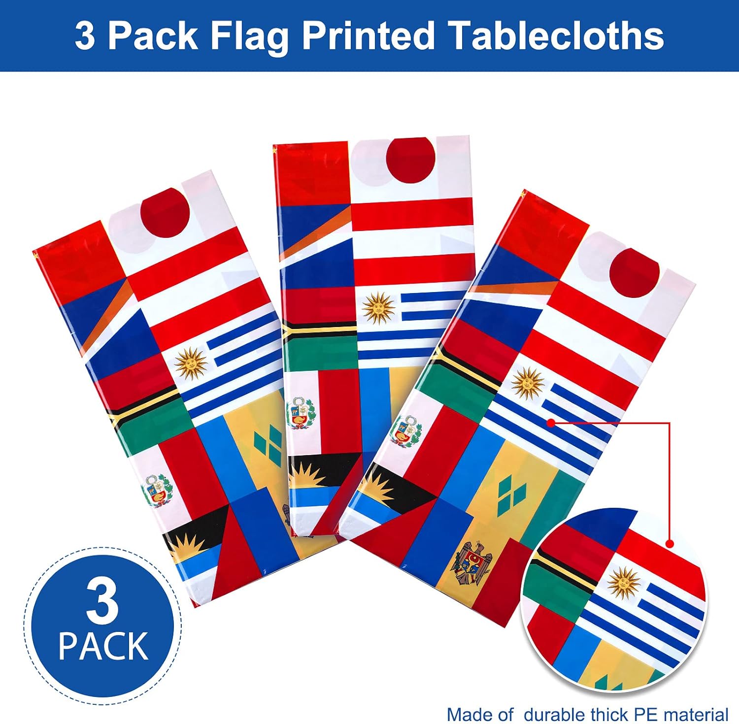 3 Pack International Flag Table Cover for Parties and Celebrations