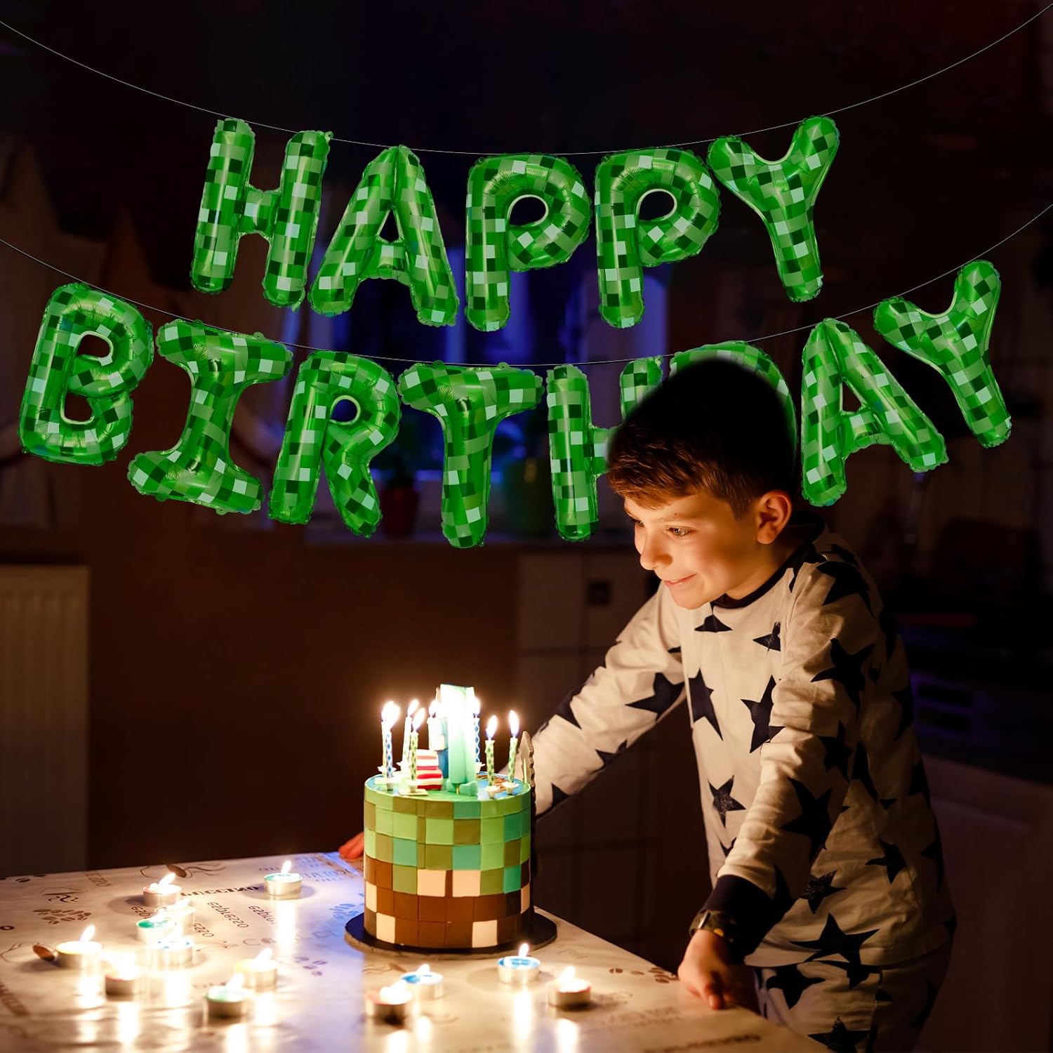 Pixel Themed Happy Birthday Banner Decor Kit with Balloons