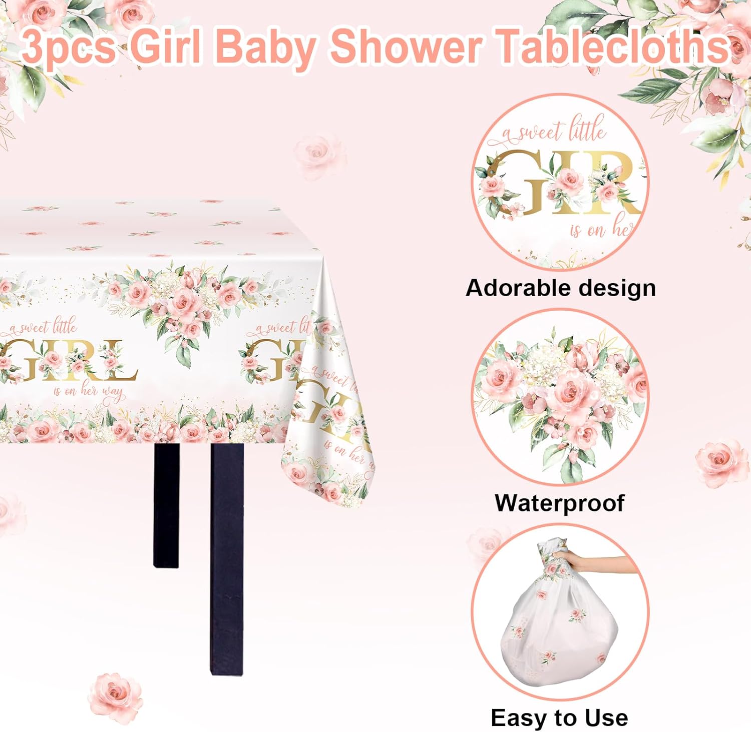 Avezano 3 Pcs Pink Floral Baby Shower Tablecloth 108x54 Inch