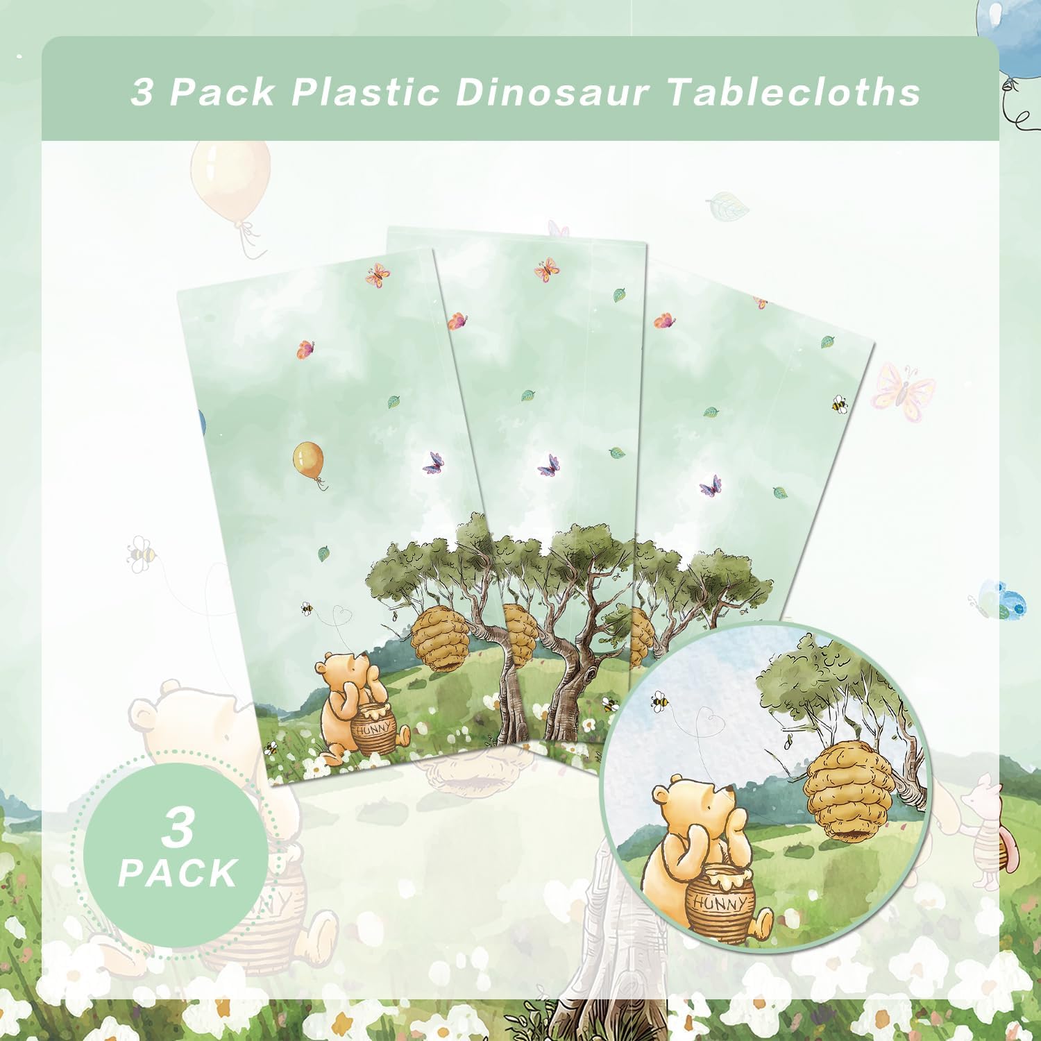 3pcs Bear Baby Shower Tablecloths 54x108 Inches Green