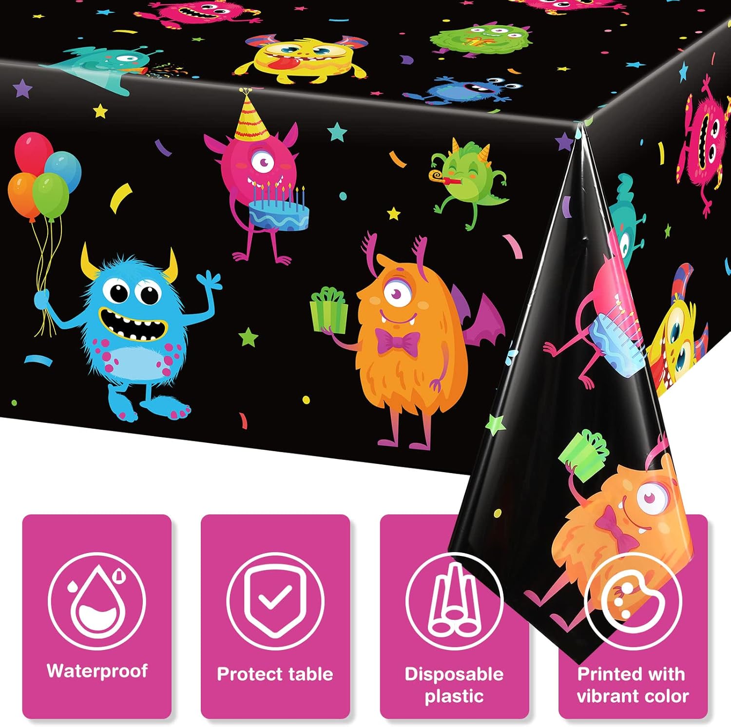 Buryeah 3 Piece Monster Table Cover for Kids Birthday Party
