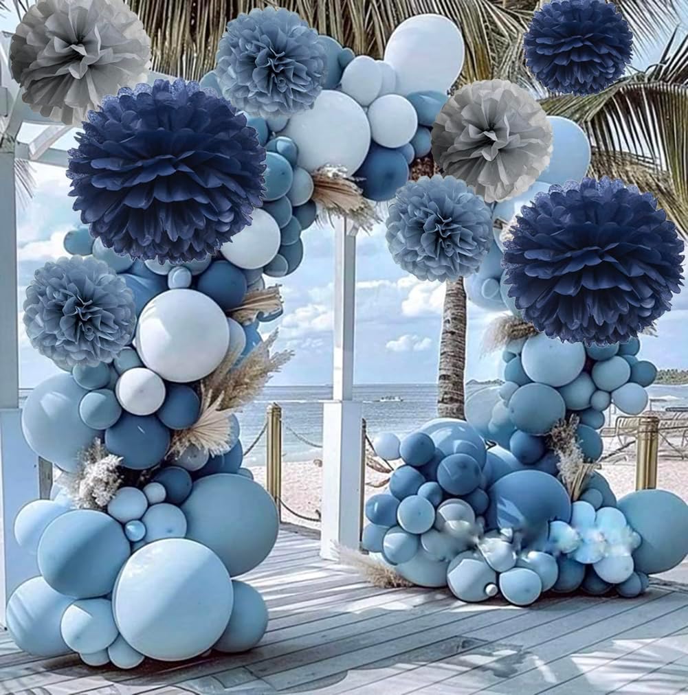 Navy Dusty Blue Gray Tissue Pom Poms Party Decorations