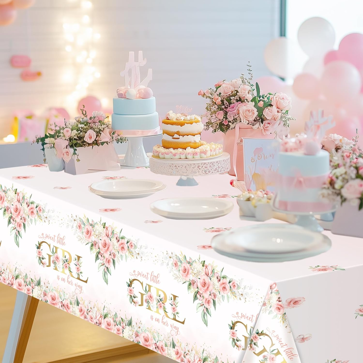 Avezano 3 Pcs Pink Floral Baby Shower Tablecloth 108x54 Inch