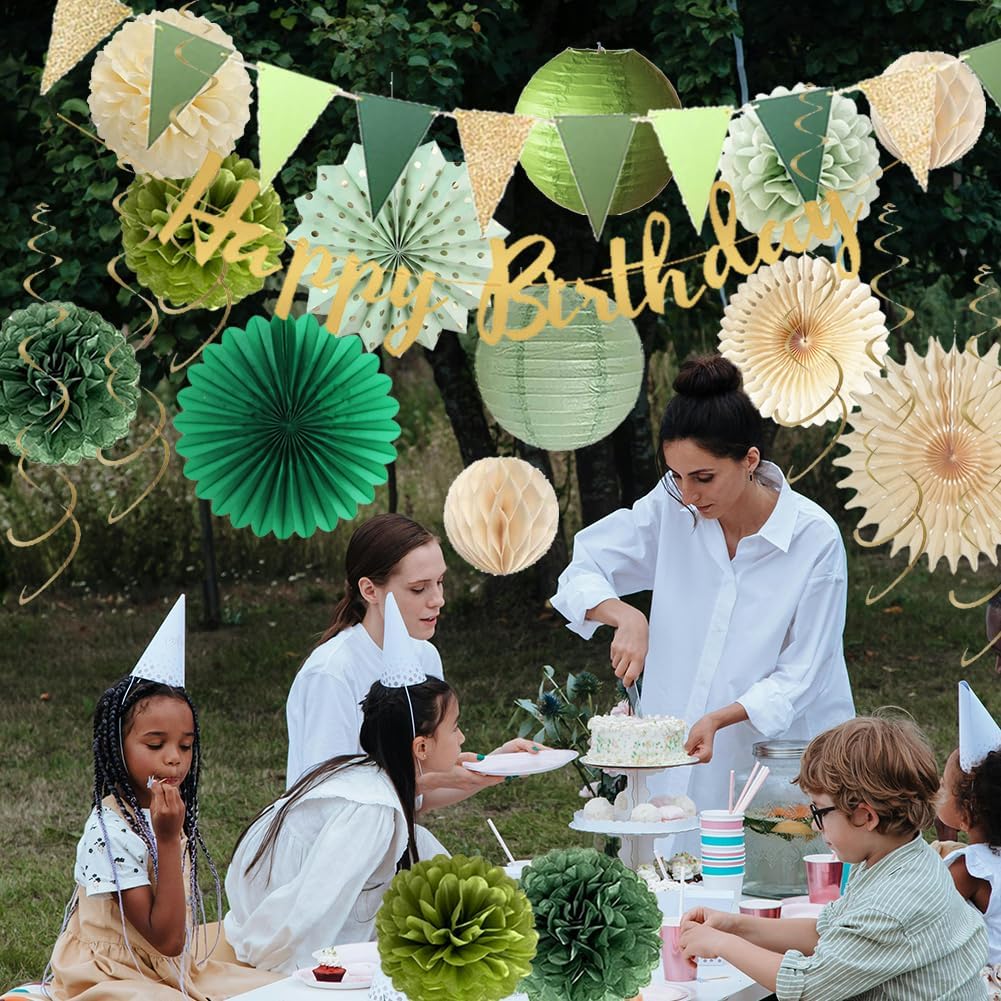 Sage Green Birthday Decorations Fans Pom Poms Lanterns Garland