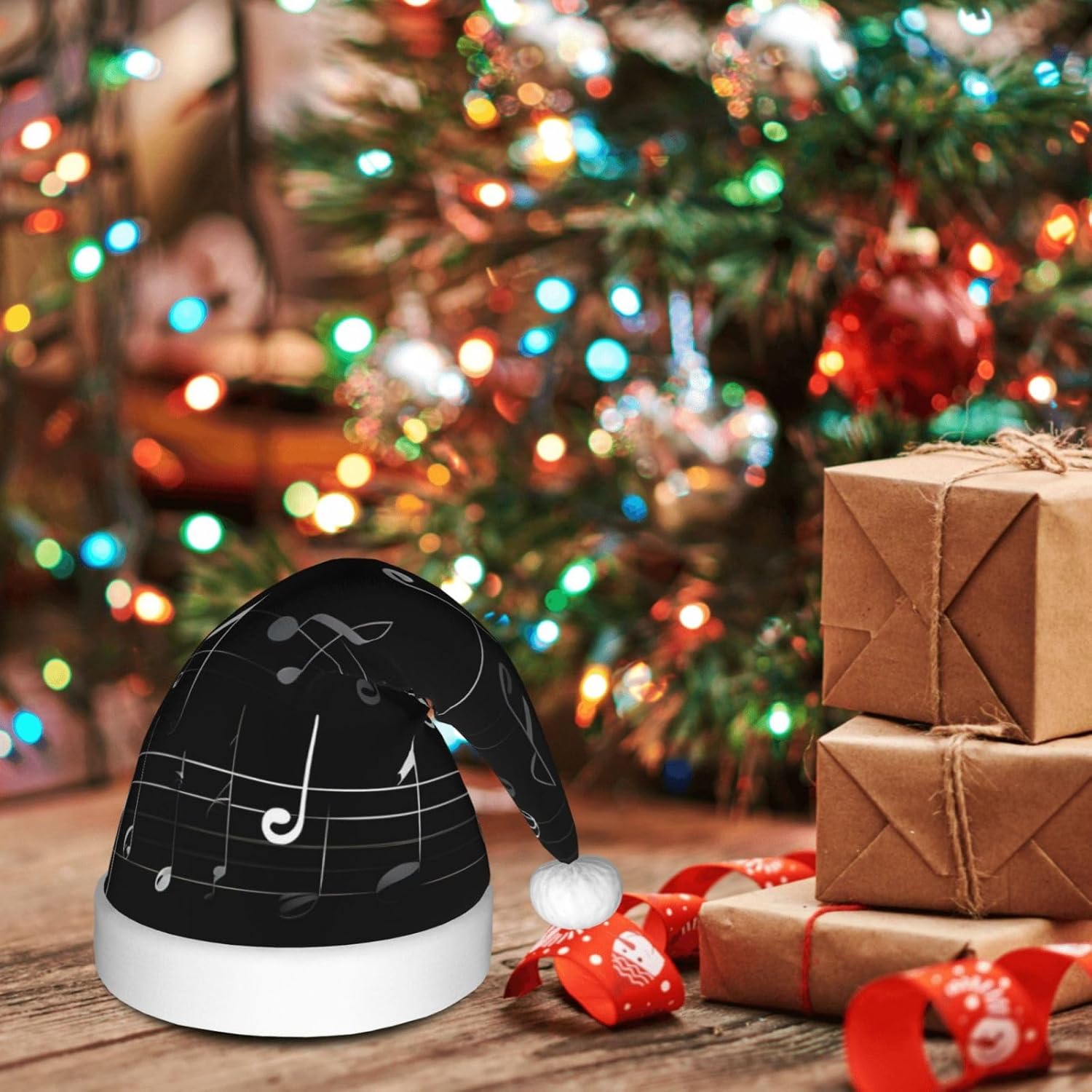 QINZHENG Black Music Notes Print Santa Hat for Women