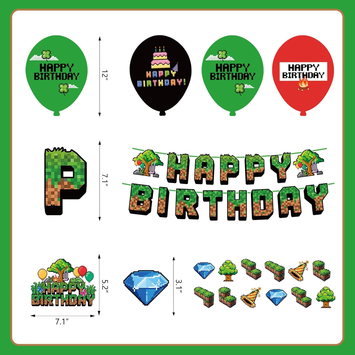 Green and Brown Gaming Birthday Party Decorations 32pcs